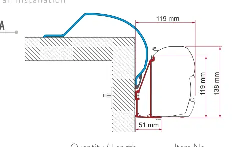F45 – montaż na ścianie – rysunek techniczny (katalog Fiamma, s. 101)