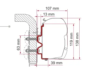 F45 – montaż na ścianie – rysunek techniczny (katalog Fiamma, s. 103)