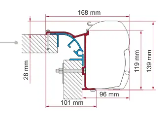 F45 – montaż na ścianie – rysunek techniczny (katalog Fiamma, s. 104)