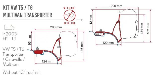 F45s do kamperów typu van / F43van – rysunek techniczny (katalog Fiamma, s. 107)