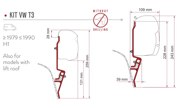 F45s do kamperów typu van / F43van – rysunek techniczny (katalog Fiamma, s. 108)