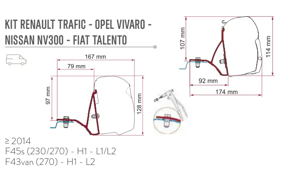 F45s do kamperów typu van / F43van – rysunek techniczny (katalog Fiamma, s. 108)
