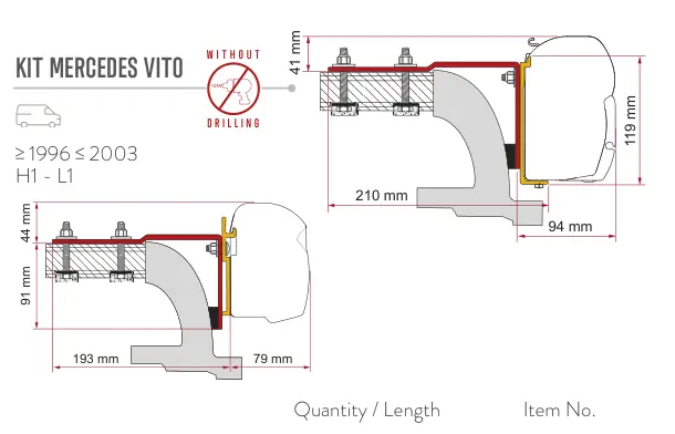 F45s do kamperów typu van / F43van – rysunek techniczny (katalog Fiamma, s. 109)