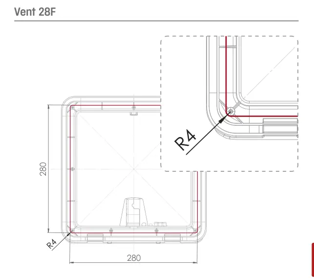 Montaż – promień frezowania – rysunek techniczny (katalog Fiamma, s. 241)