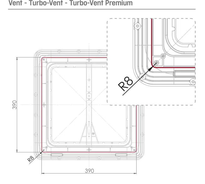 Montaż – promień frezowania – rysunek techniczny (katalog Fiamma, s. 241)