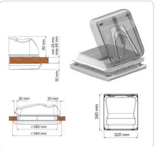 Vent 28 F – rysunek techniczny (katalog Fiamma, s. 256)