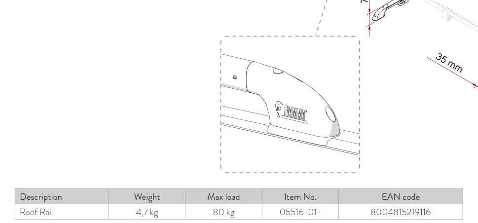 Roof Rail – rysunek techniczny (katalog Fiamma, s. 282)